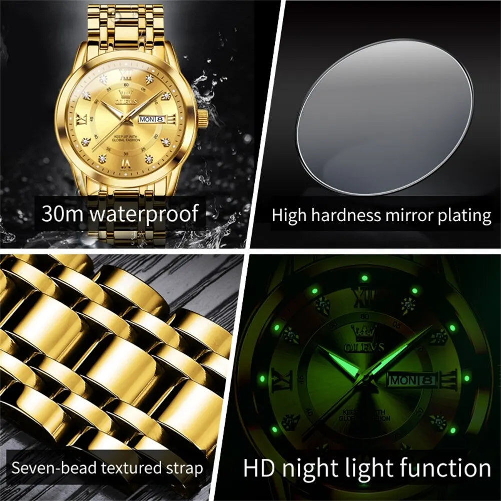 OLEVS Quartz Watch for Men Luxury Diamonds Gold Watch Waterproof